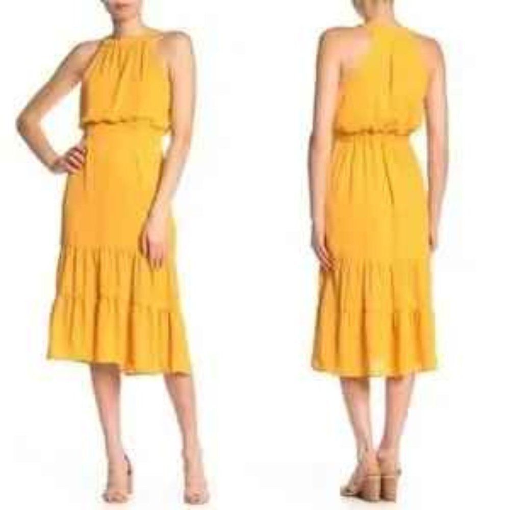 NEW! NSR Dorothy Halter Tiered Ruffle Midi Dress ~ L ~ Yellow Nordstrom